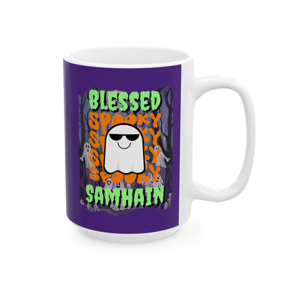 Spooky Blessed Samhain Ghost Green font Purple Mug by CreepyCrafts.boo