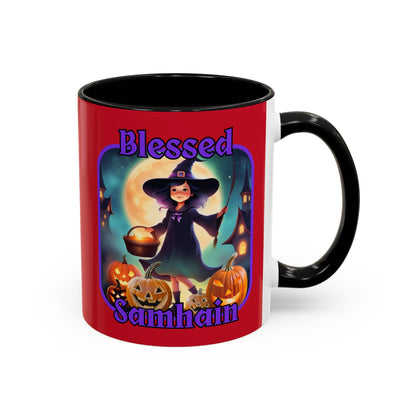 Blessed Samhain Little Witch Purple font Red Accent Mug by CreepyCrafts.boo