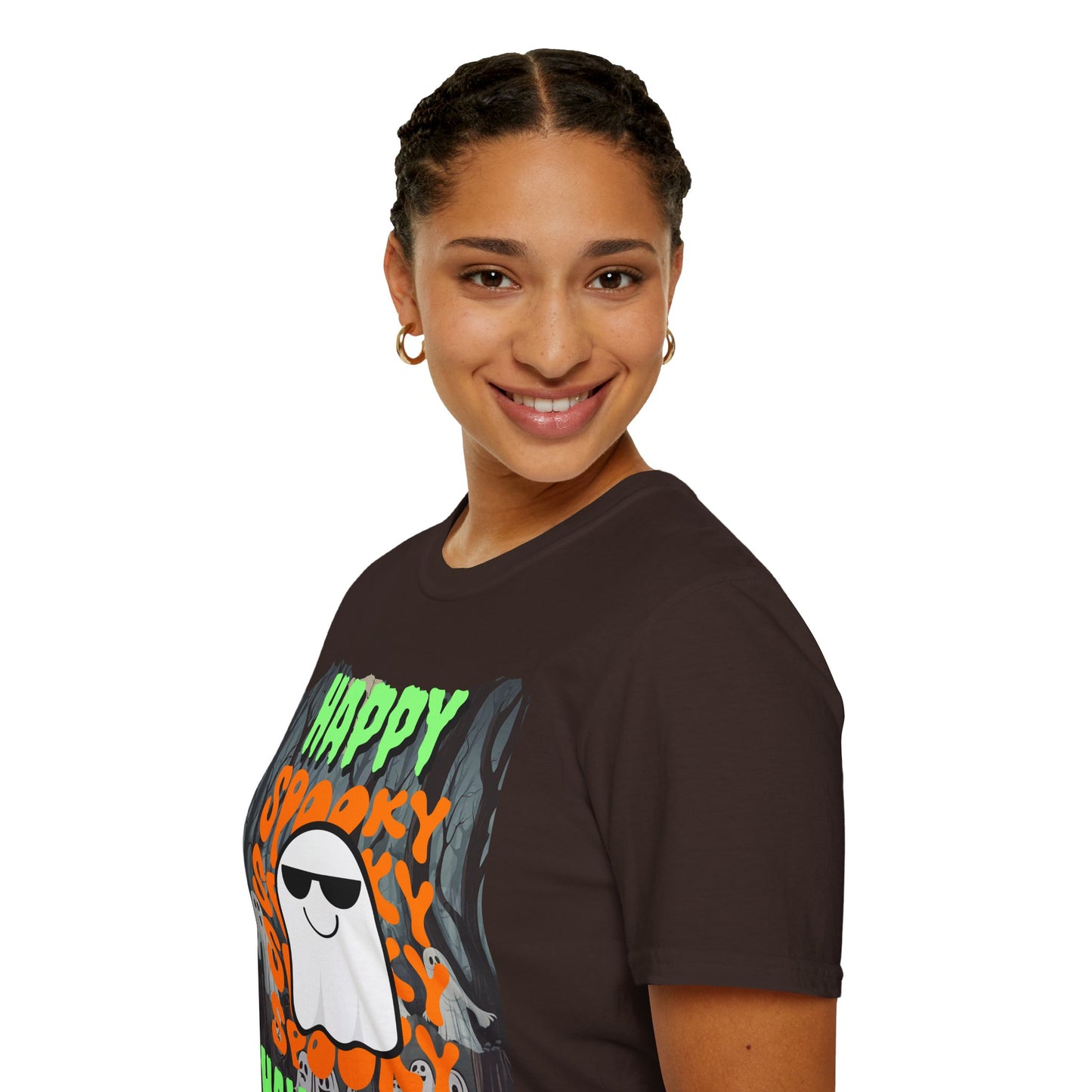 Spooky Happy Halloween Ghost Dark colors Green font Unisex T-Shirt by CreepyCrafts.boo