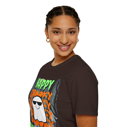 Spooky Happy Halloween Ghost Dark colors Green font Unisex T-Shirt by CreepyCrafts.boo
