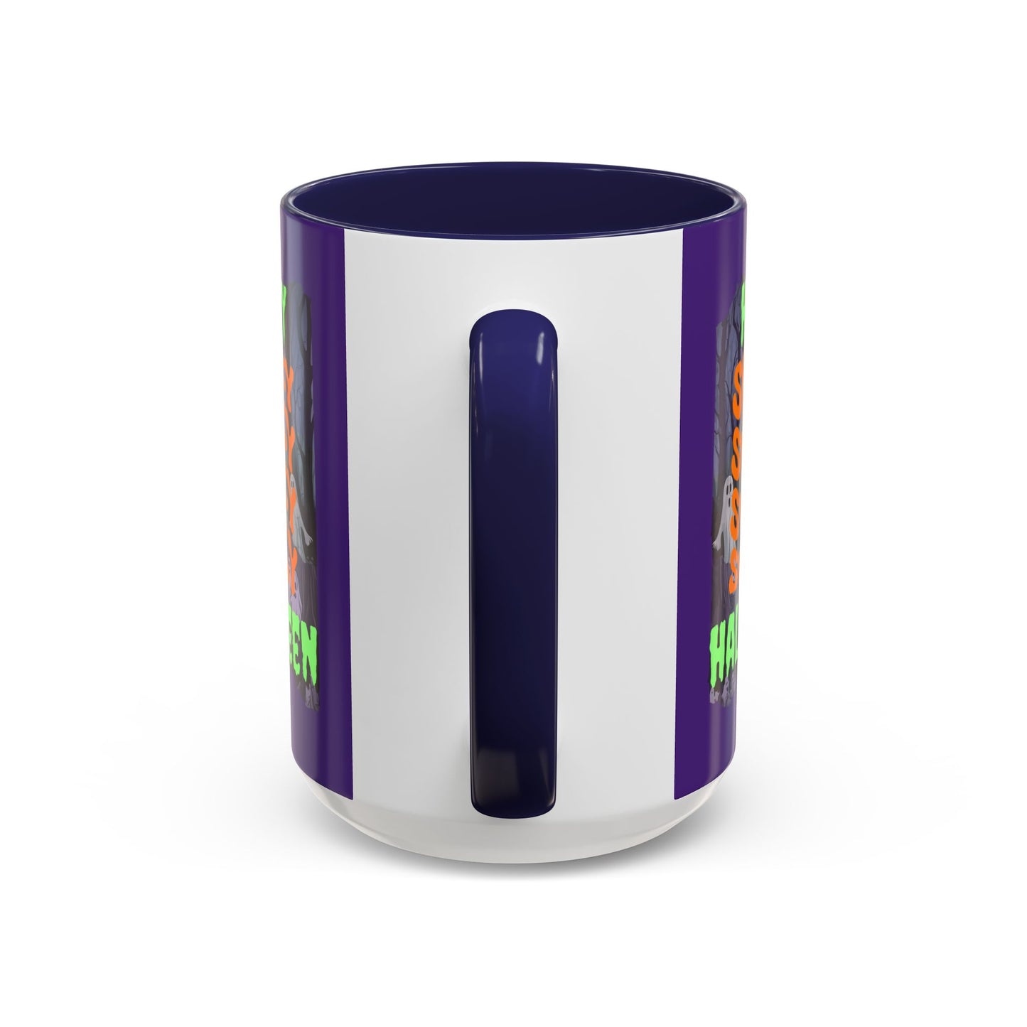 Spooky Happy Halloween Ghost Green font Purple Accent Mug by CreepyCrafts.boo