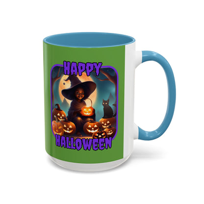 Happy Halloween Cute Witch Purple font Green Accent Mug by CreepyCrafts.boo