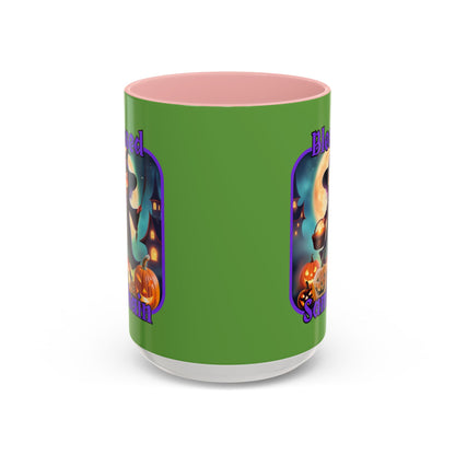 Blessed Samhain Little Witch Purple font Green Accent Mug by CreepyCrafts.boo