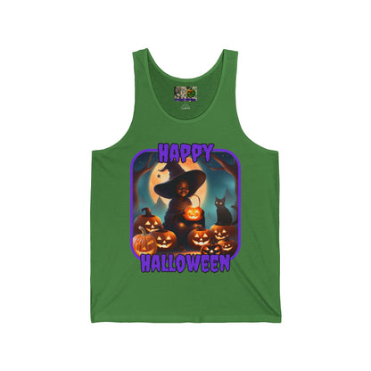 Happy Halloween Cute Witch Purple font Unisex Jersey Tank Top by CreepyCrafts.boo