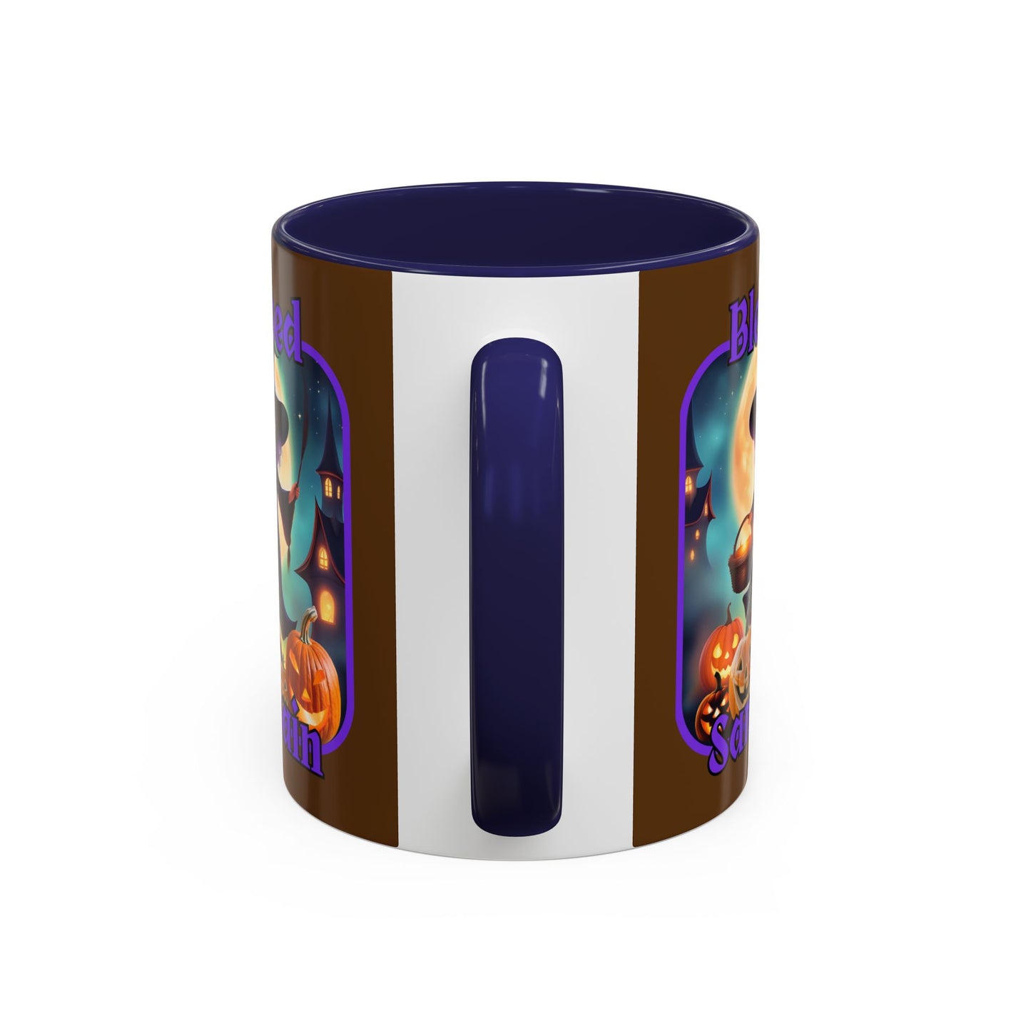 Blessed Samhain Little Witch Purple font Brown Accent Mug by CreepyCrafts.boo