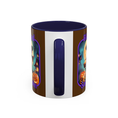Blessed Samhain Little Witch Purple font Brown Accent Mug by CreepyCrafts.boo