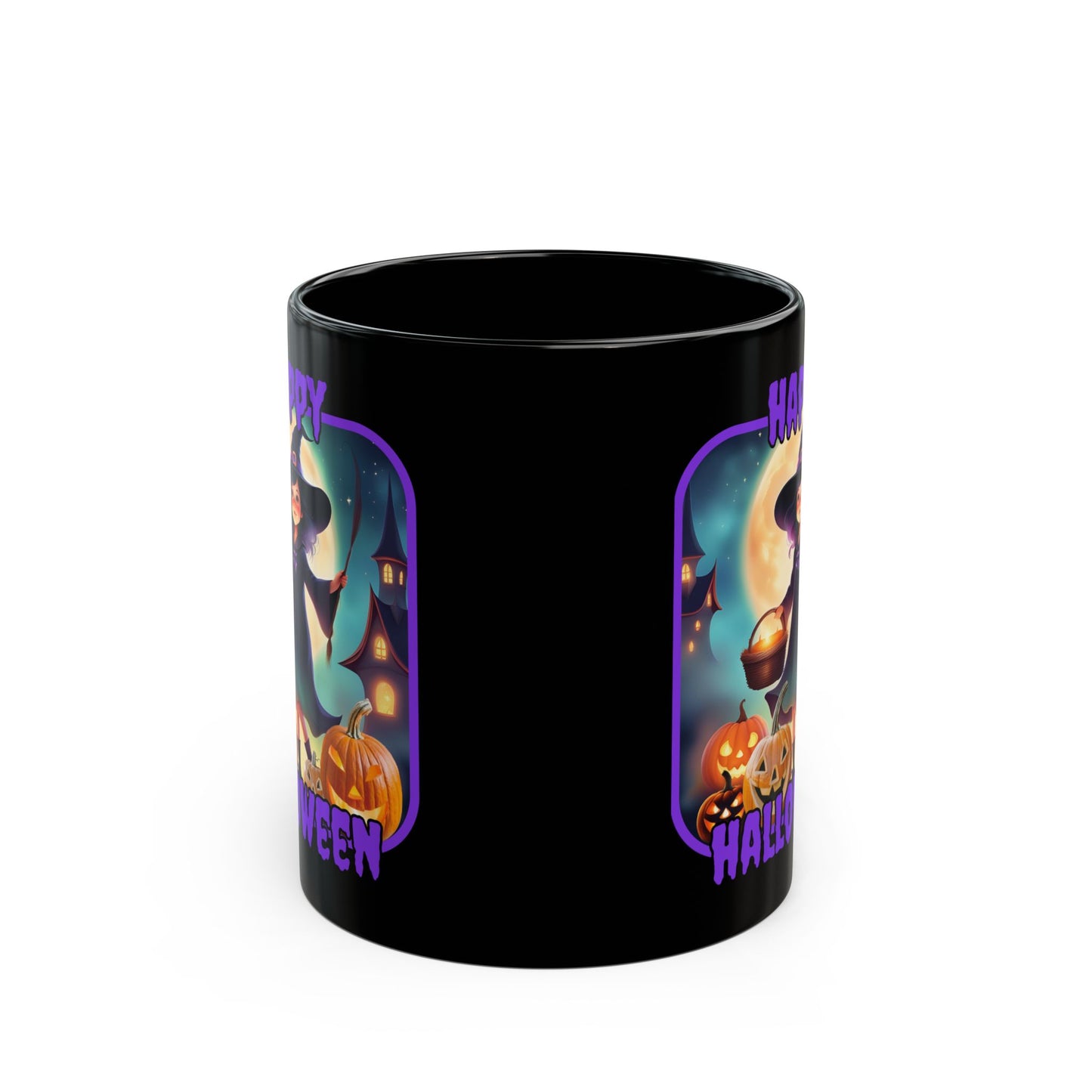 Happy Halloween Little Witch Purple font Black Mug by CreepyCrafts.boo