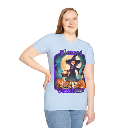 Blessed Samhain Little Witch Purple font Light colors Unisex T-Shirt by CreepyCrafts.boo
