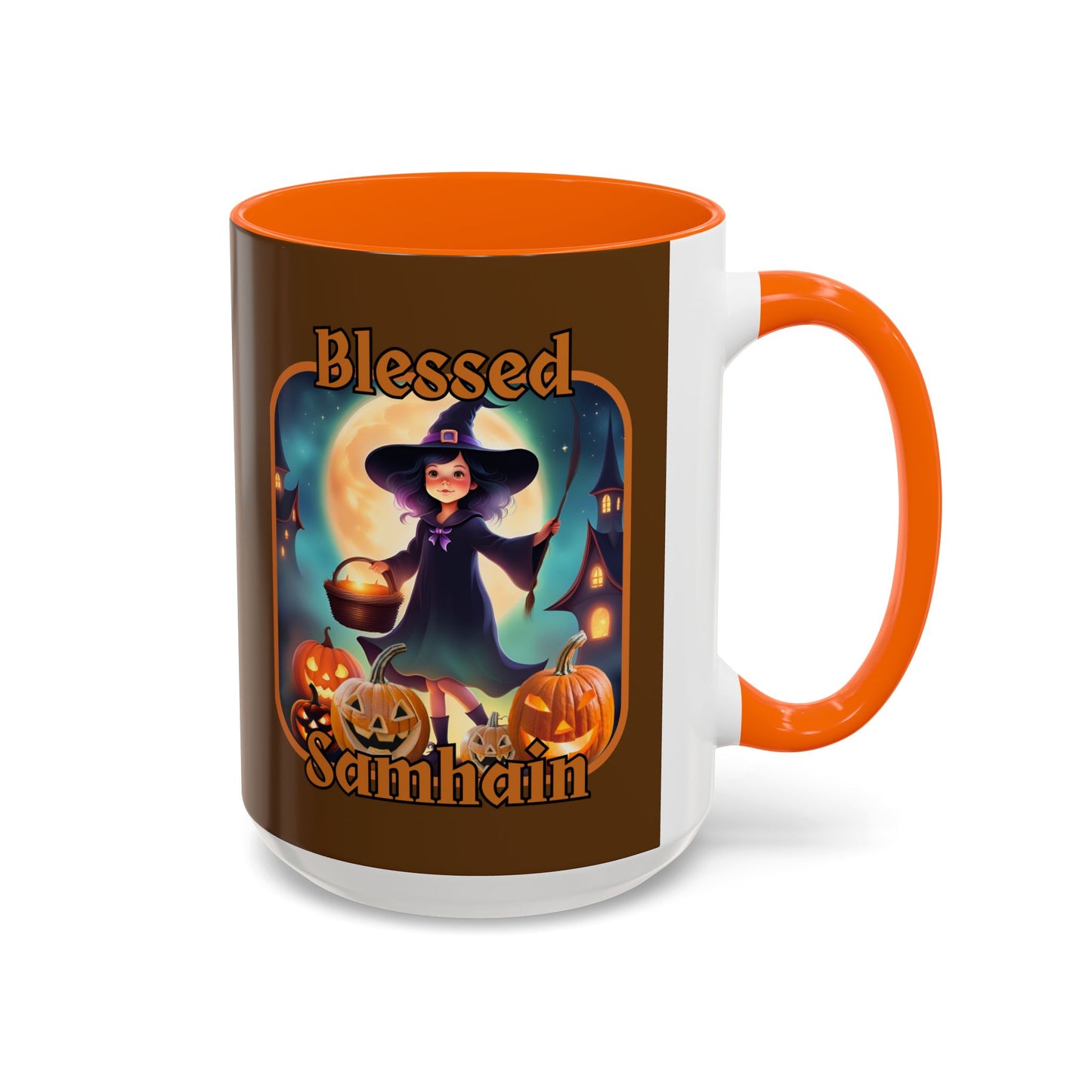Blessed Samhain Little Witch Orange font Brown Accent Mug by CreepyCrafts.boo