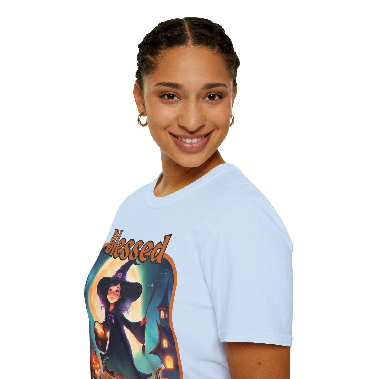 Blessed Samhain Little Witch Orange font Light colors Unisex T-Shirt by CreepyCrafts.boo