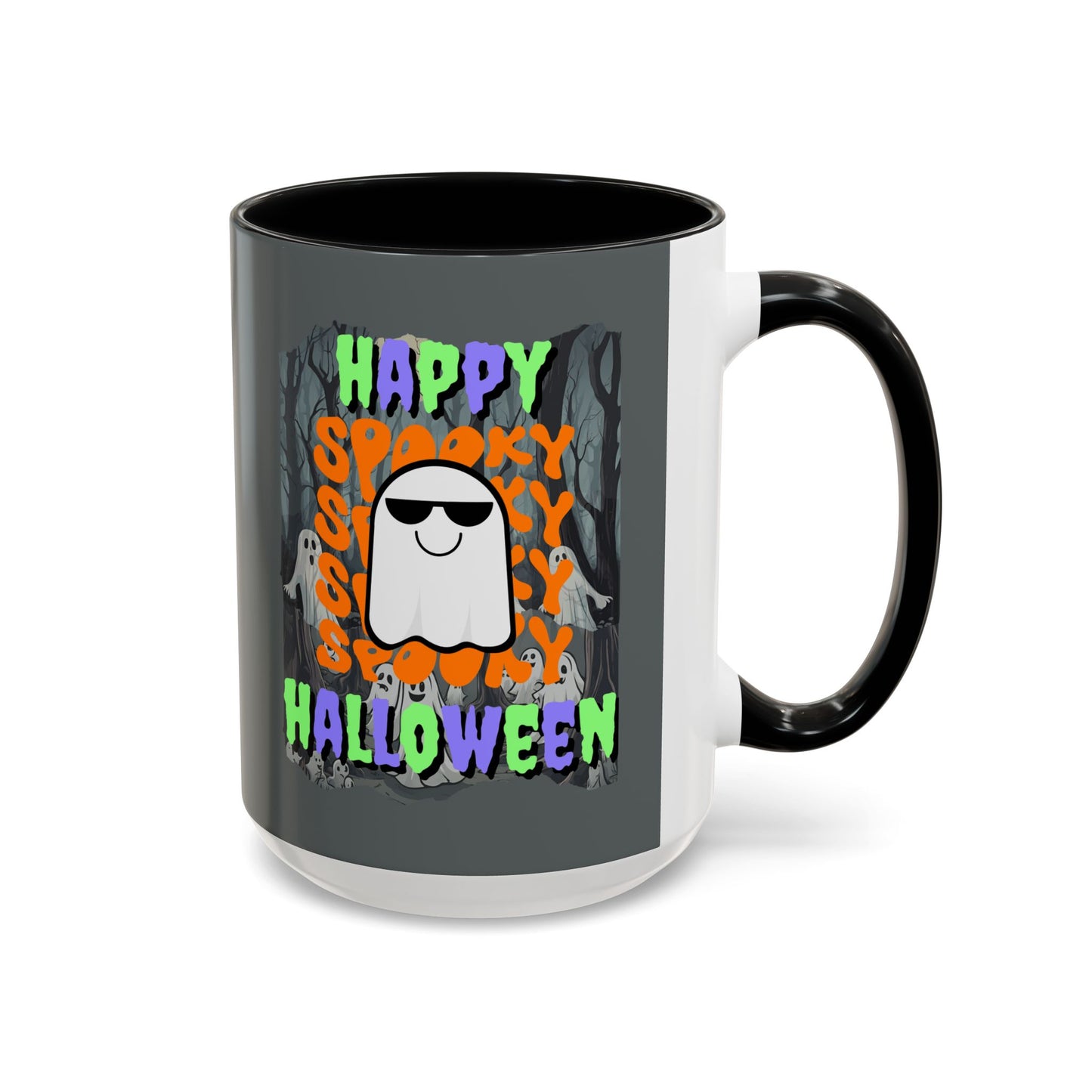 Spooky Happy Halloween Ghost Mixed font Grey Accent Mug by CreepyCrafts.boo