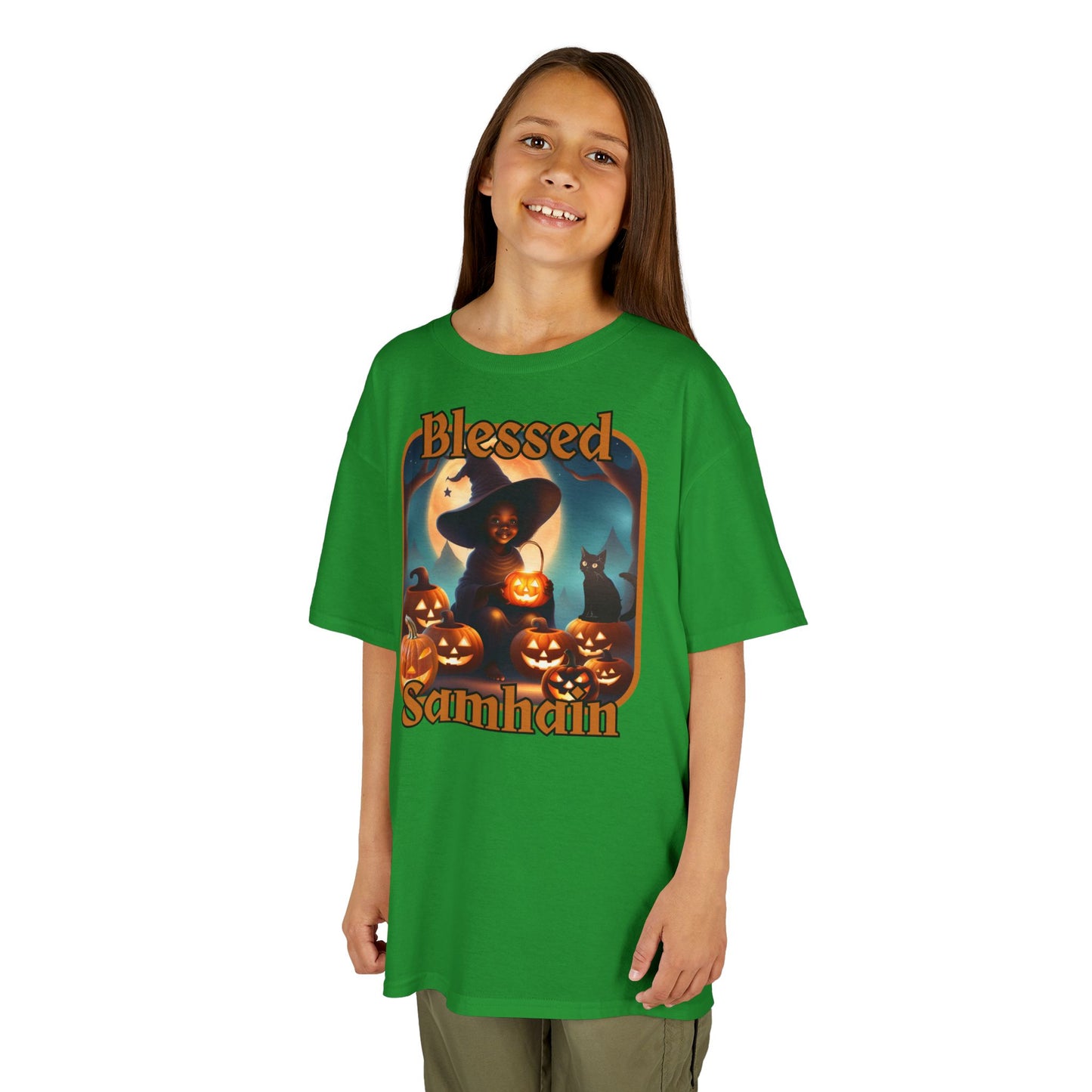 Blessed Samhain Cute Witch Orange font Kids Heavy Cotton™ Tee by CreepyCrafts.boo