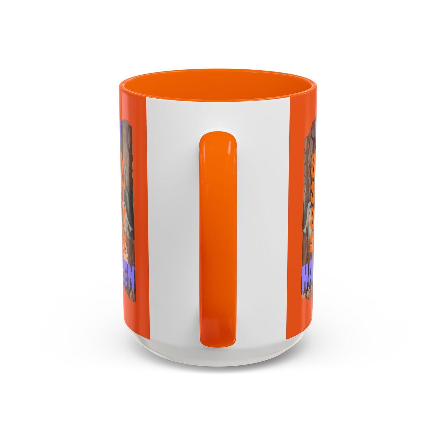 Spooky Happy Halloween Ghost Purple font Orange Accent Mug by CreepyCrafts.boo