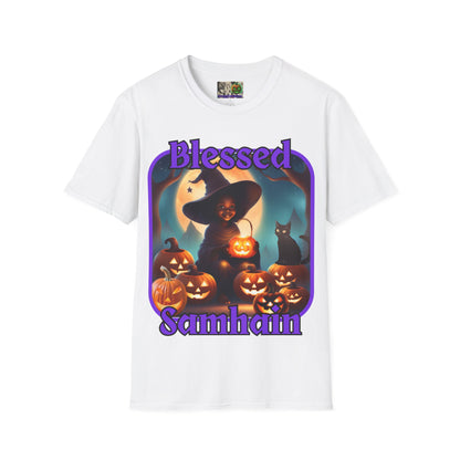 Blessed Samhain Cute Witch Purple font Light colors Unisex T-Shirt by CreepyCrafts.boo