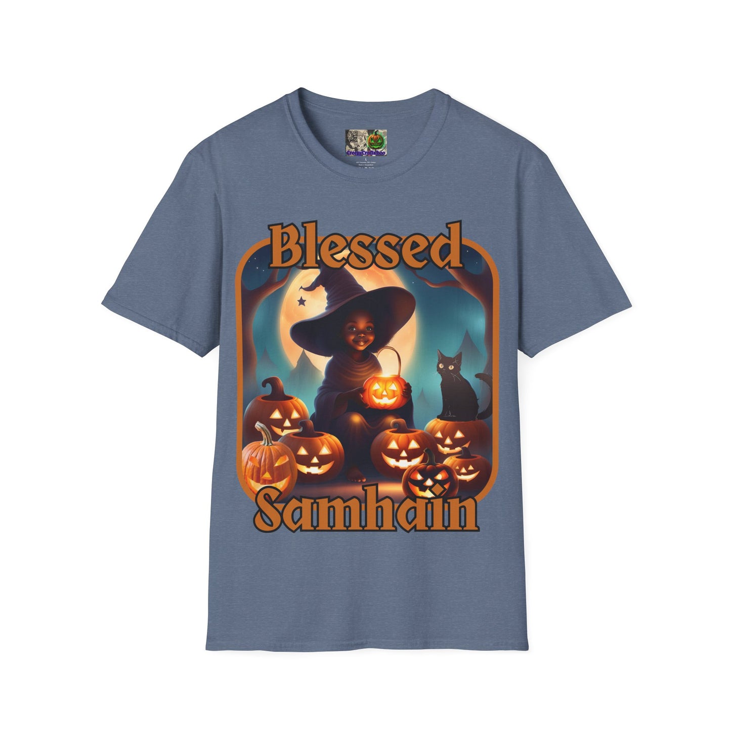 Blessed Samhain Cute Witch Orange font Dark colors Unisex T-Shirt by CreepyCrafts.boo