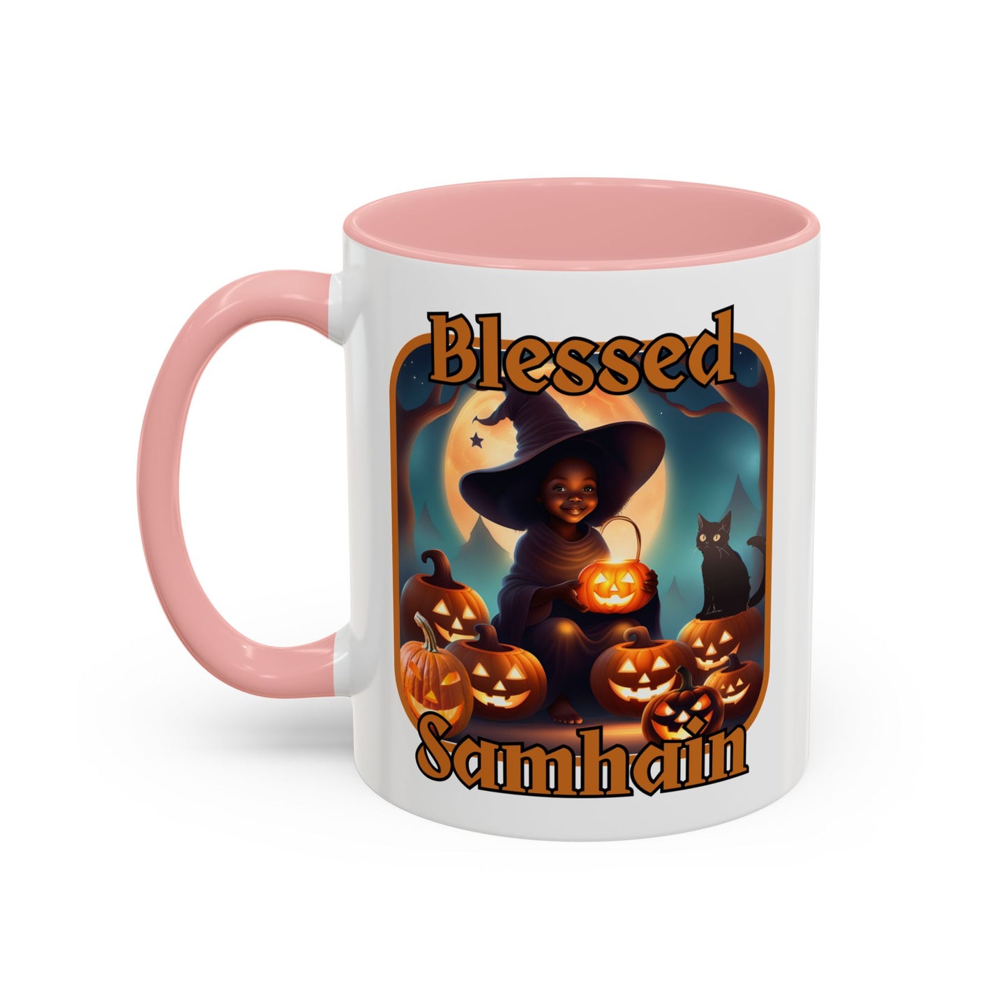 Blessed Samhain Cute Witch Orange font White Accent Mug by CreepyCrafts.boo