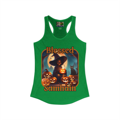 Blessed Samhain Cute Witch Orange font Women's Racerback Tank Top by CreepyCrafts.boo