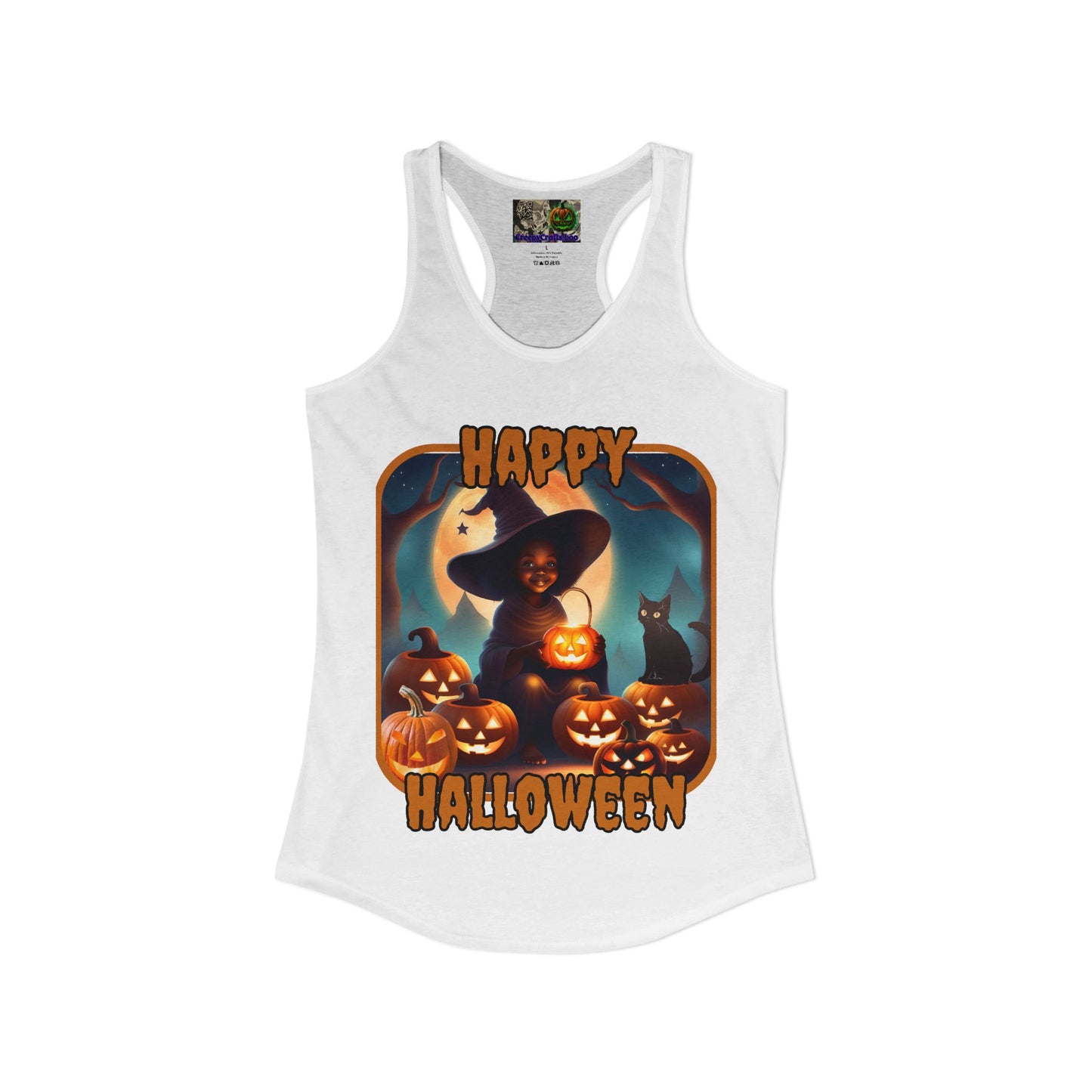 Happy Halloween Cute Witch Orange font Women's Racerback Tank Top by CreepyCrafts.boo