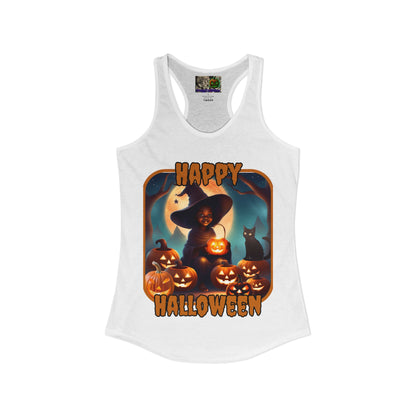 Happy Halloween Cute Witch Orange font Women's Racerback Tank Top by CreepyCrafts.boo