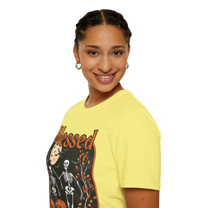 Spooktacular Skeletons of Samhain Light colors Unisex T-Shirt by CreepyCrafts.boo