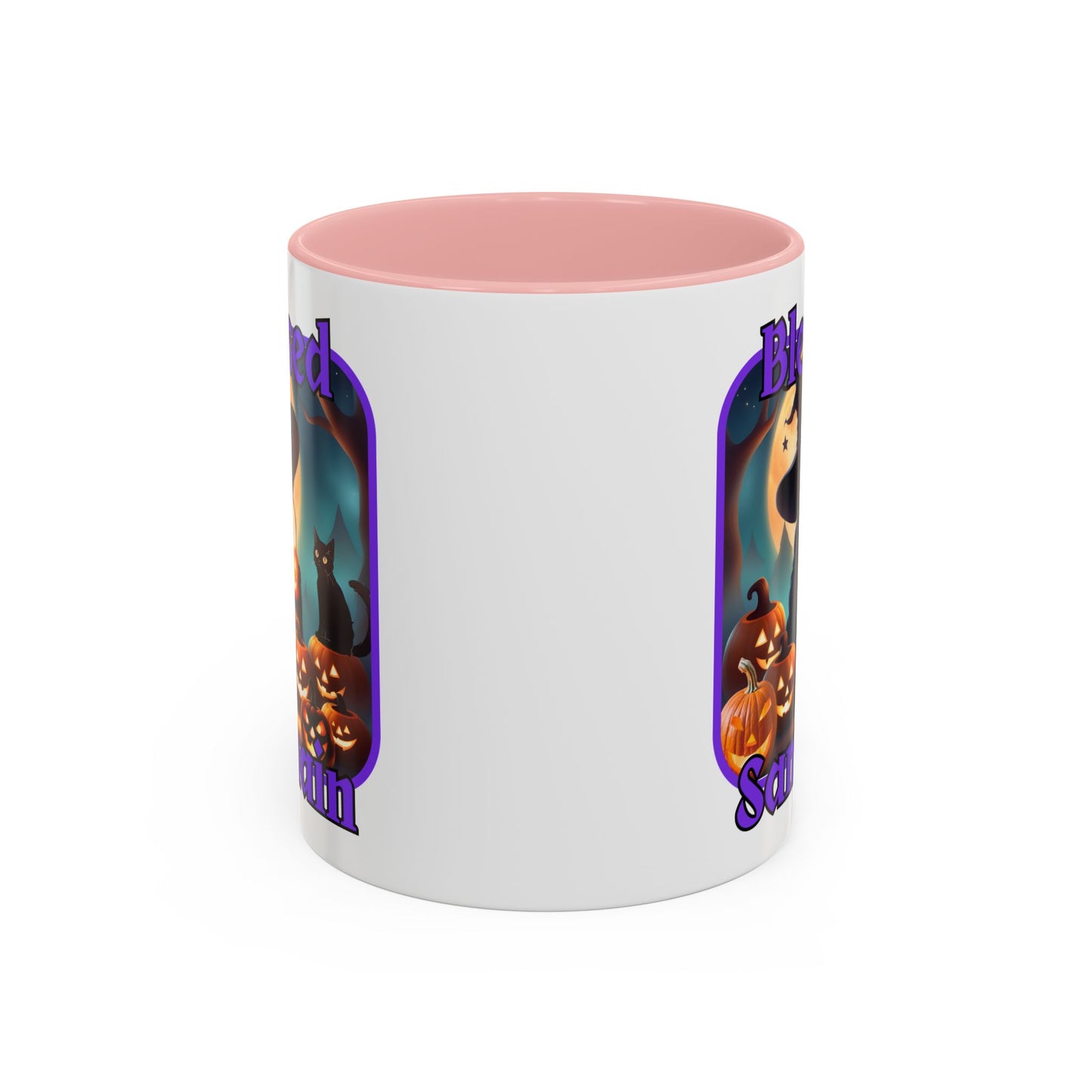 Blessed Samhain Cute Witch Purple font White Accent Mug by CreepyCrafts.boo