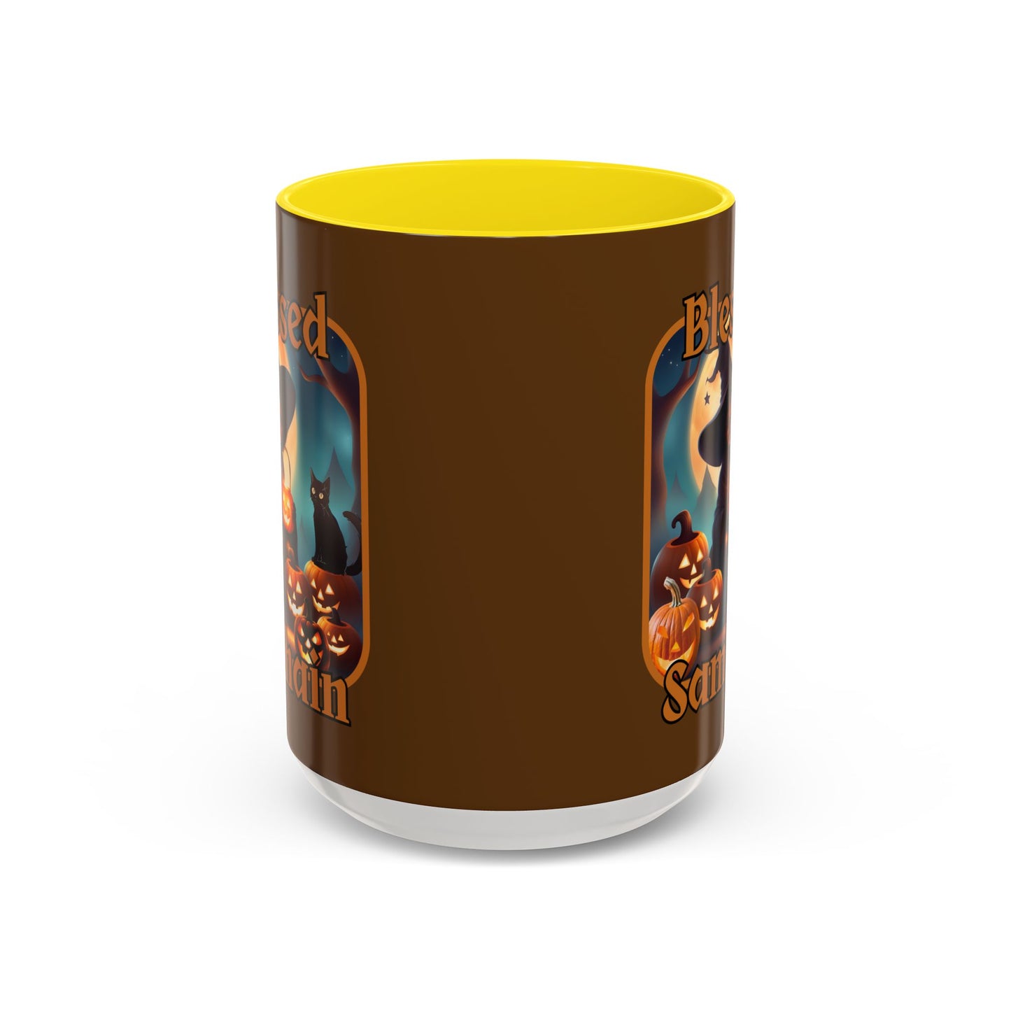 Blessed Samhain Cute Witch Orange font Brown Accent Mug by CreepyCrafts.boo