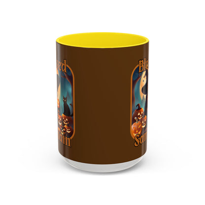Blessed Samhain Cute Witch Orange font Brown Accent Mug by CreepyCrafts.boo