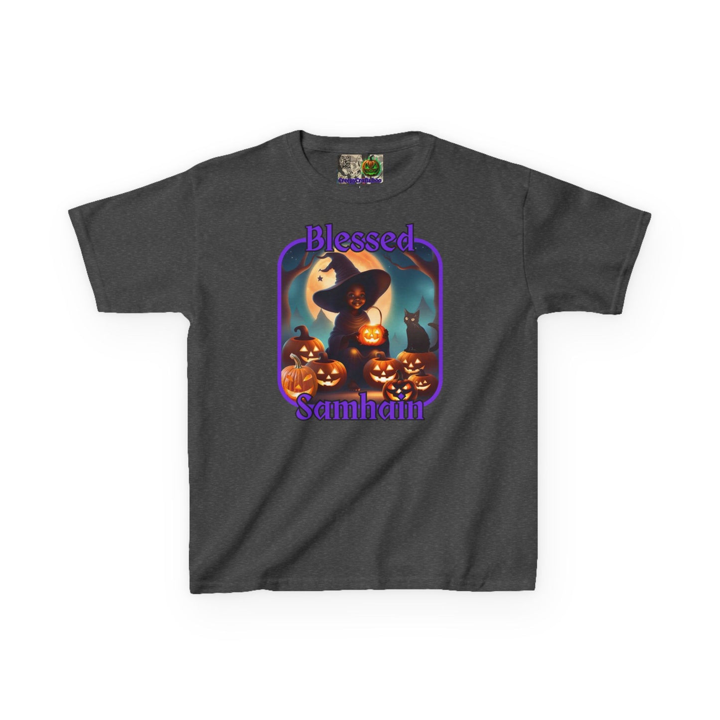 Blessed Samhain Cute Witch Purple font Kids Heavy Cotton™ Tee by CreepyCrafts.boo