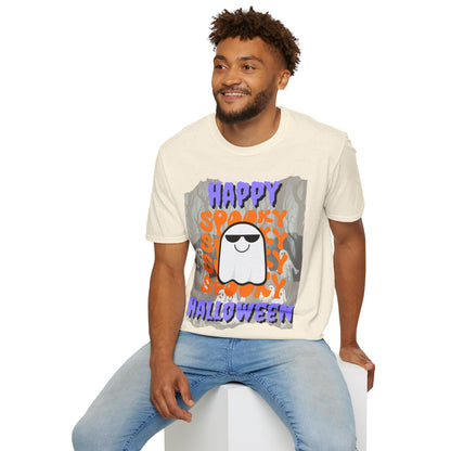 Spooky Happy Halloween Ghost Light colors Purple font Unisex T-Shirt by CreepyCrafts.boo