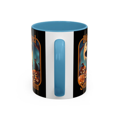 Blessed Samhain Cute Witch Orange font Black Accent Mug by CreepyCrafts.boo