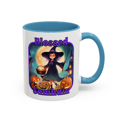 Blessed Samhain Little Witch Purple font White Accent Mug by CreepyCrafts.boo