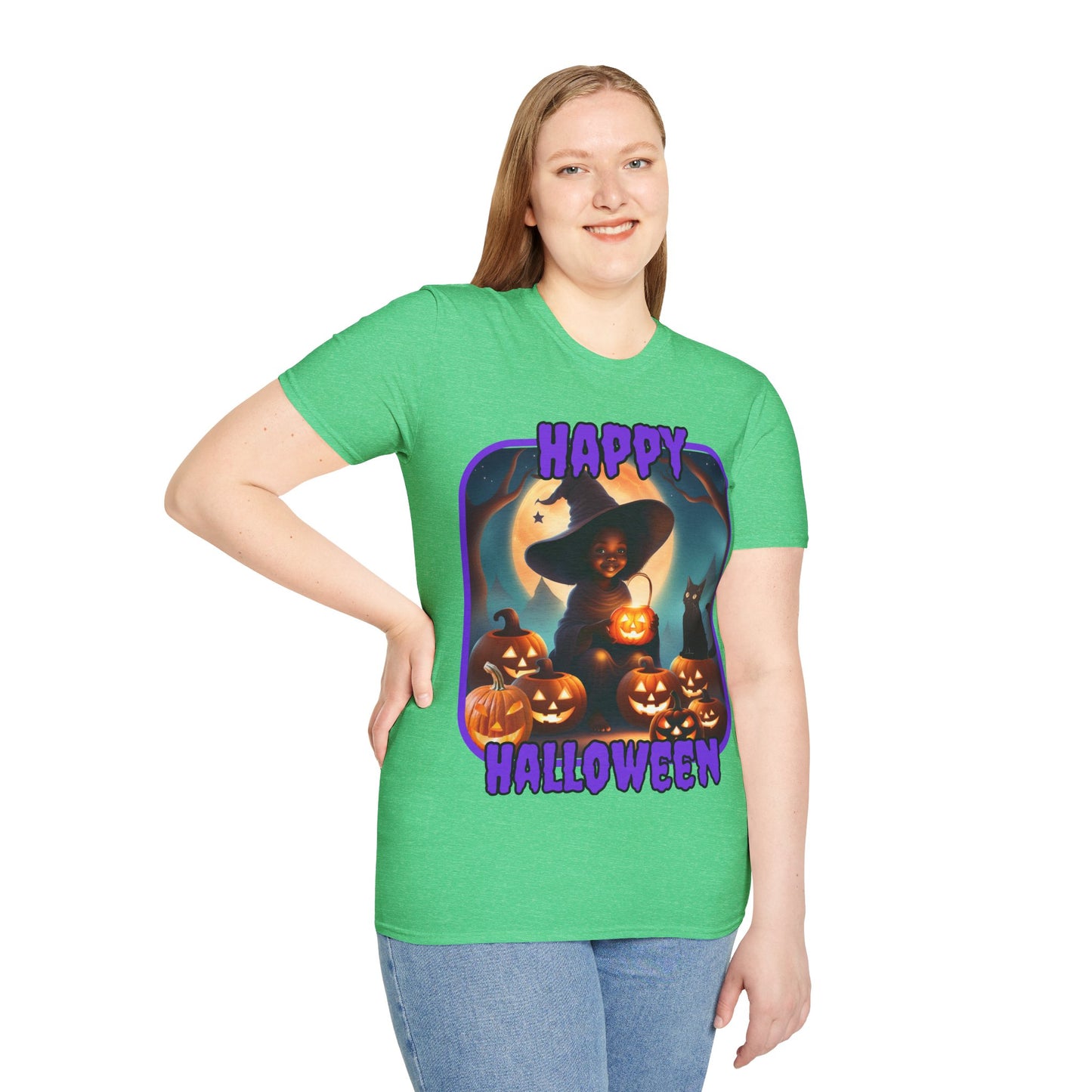 Happy Halloween Cute Witch Purple font Dark colors Unisex T-Shirt by CreepyCrafts.boo