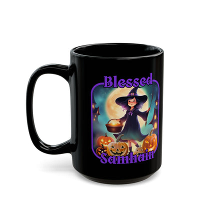 Blessed Samhain Little Witch Purple font Black Mug by CreepyCrafts.boo