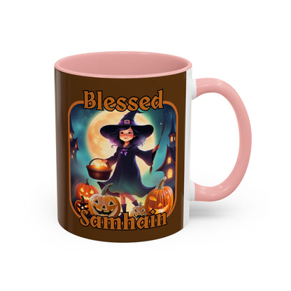Blessed Samhain Little Witch Orange font Brown Accent Mug by CreepyCrafts.boo