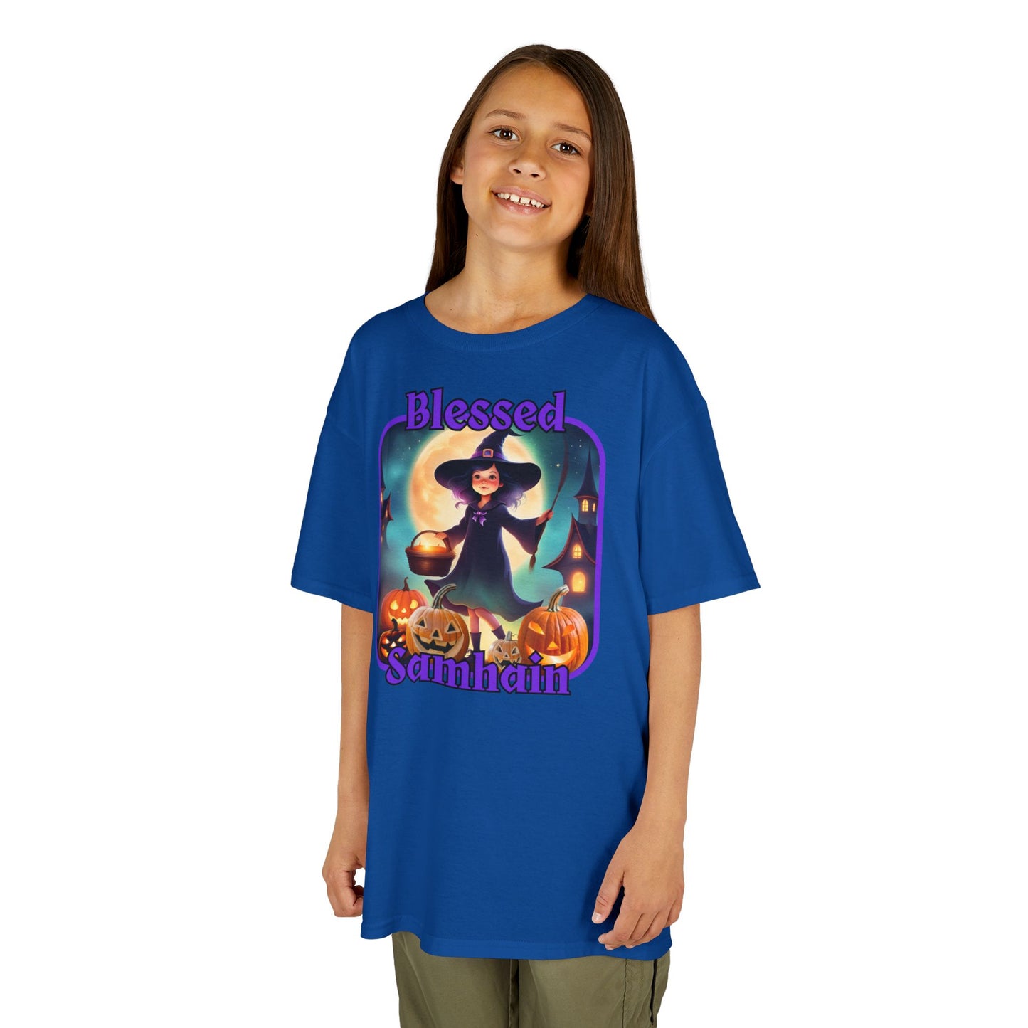 Blessed Samhain Little Witch Purple font Kids Heavy Cotton™ Tee by CreepyCrafts.boo