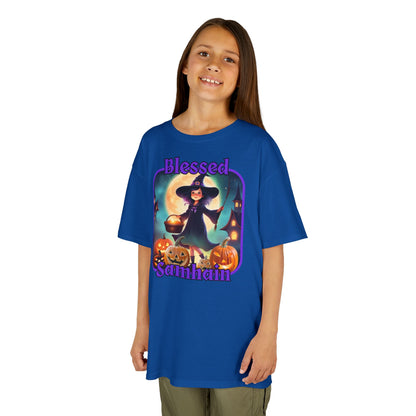 Blessed Samhain Little Witch Purple font Kids Heavy Cotton™ Tee by CreepyCrafts.boo