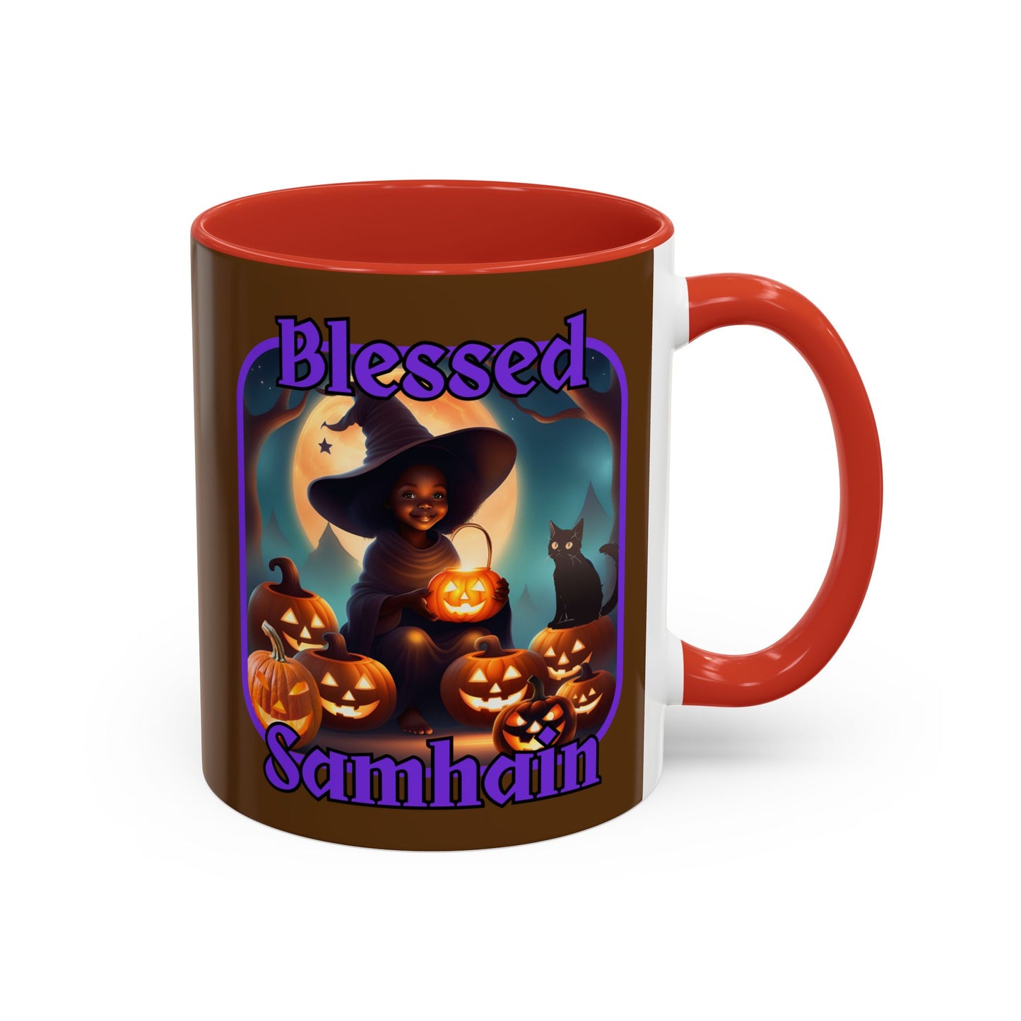 Blessed Samhain Cute Witch Purple font Brown Accent Mug by CreepyCrafts.boo