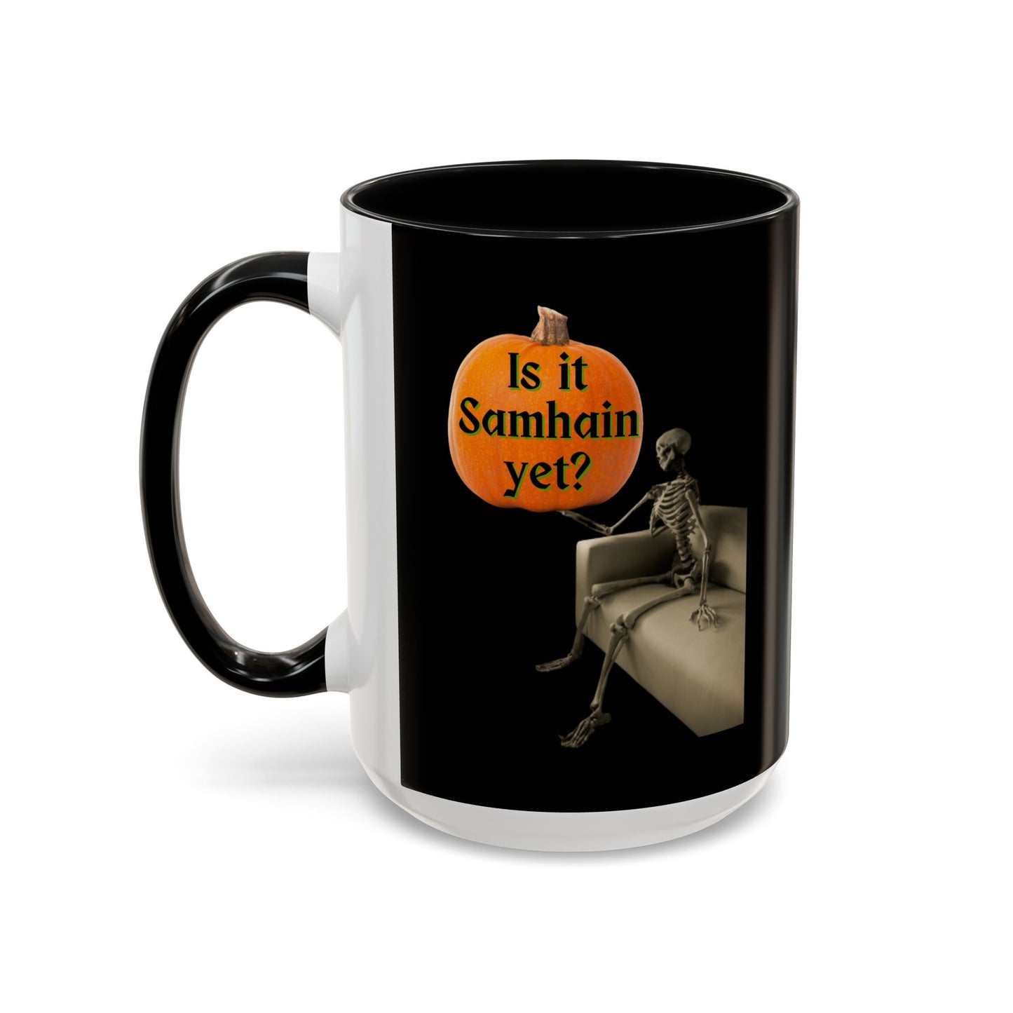 Is it Samhain yet? Skeleton's Pumpkin Black Accent Mug by CreepyCrafts.boo