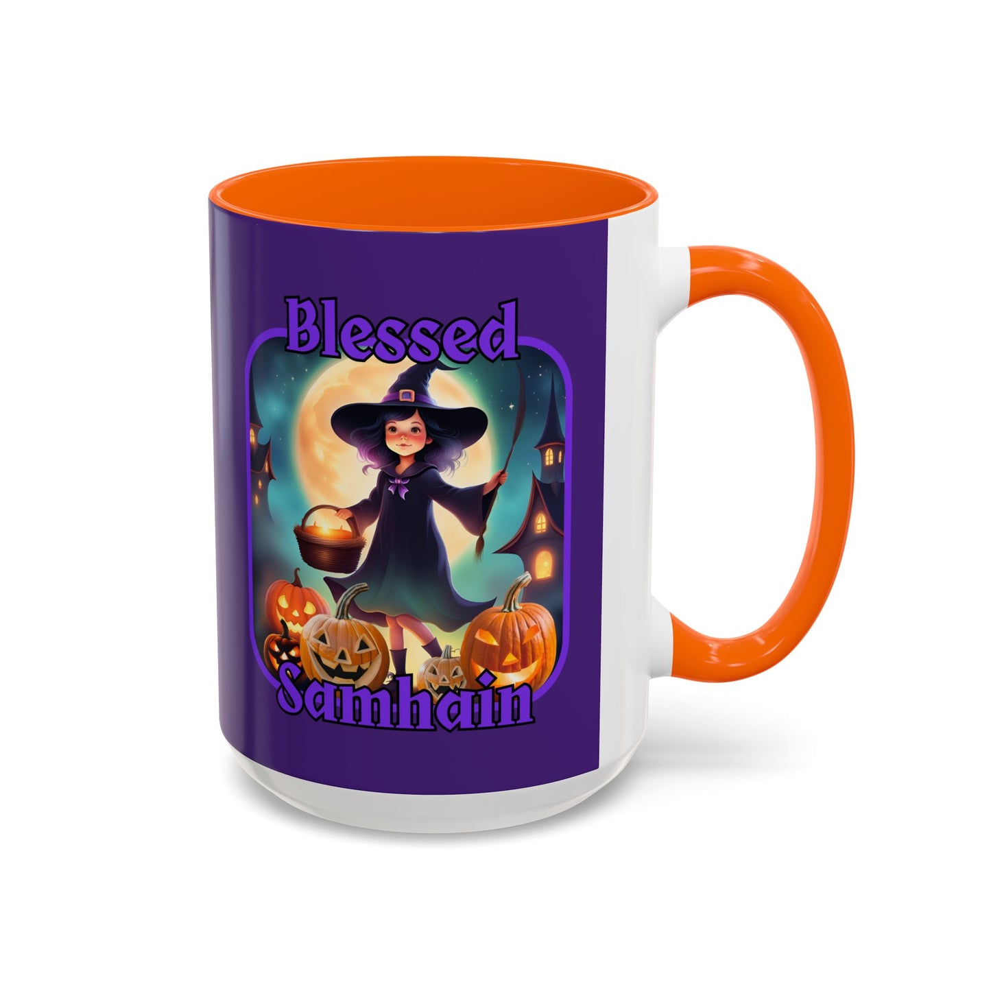 Blessed Samhain Little Witch Purple font Purple Accent Mug by CreepyCrafts.boo
