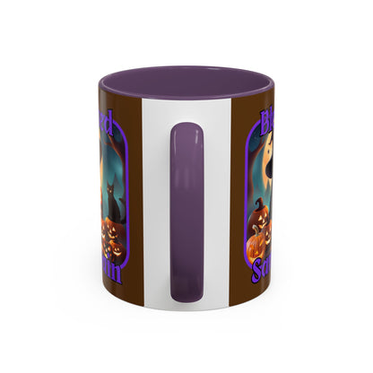 Blessed Samhain Cute Witch Purple font Brown Accent Mug by CreepyCrafts.boo