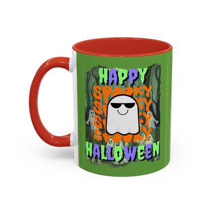 Spooky Happy Halloween Ghost Mixed font Green Accent Mug by CreepyCrafts.boo