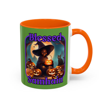 Blessed Samhain Cute Witch Purple font Green Accent Mug by CreepyCrafts.boo