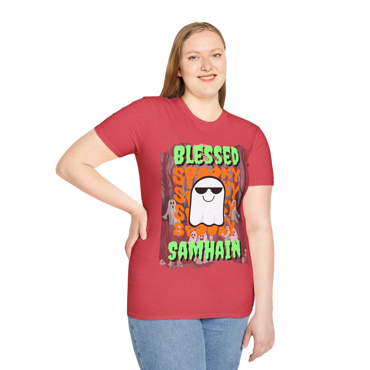 Spooky Blessed Samhain Ghost Green font Unisex T-Shirt by CreepyCrafts.boo