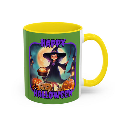 Happy Halloween Little Witch Purple font Green Accent Mug by CreepyCrafts.boo