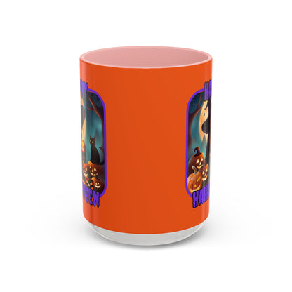 Happy Halloween Cute Witch Purple font Orange Accent Mug by CreepyCrafts.boo