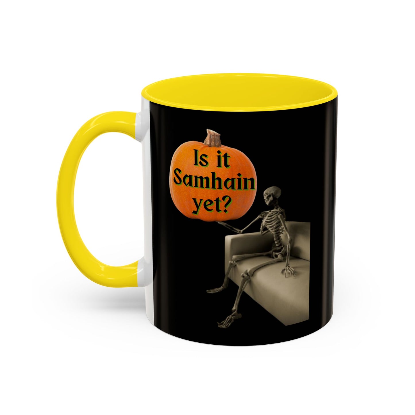 Is it Samhain yet? Skeleton's Pumpkin Black Accent Mug by CreepyCrafts.boo