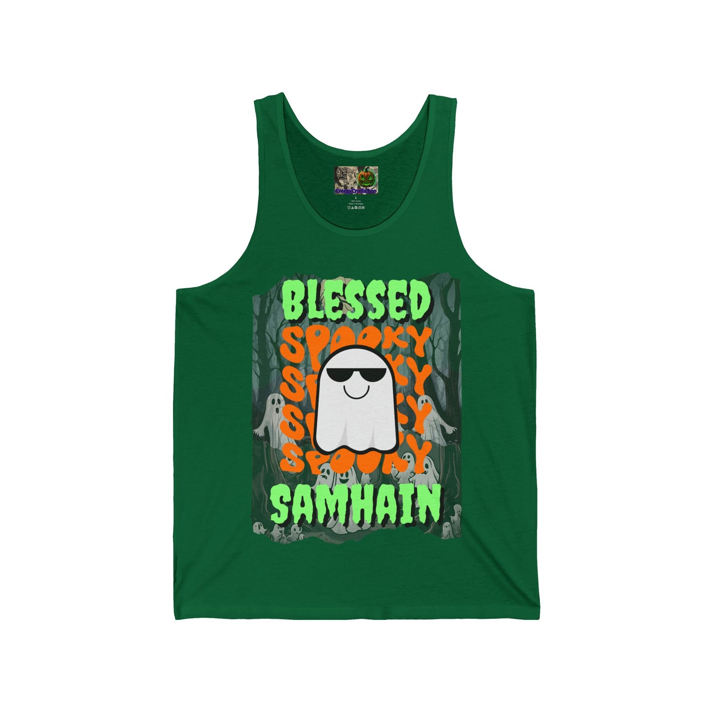 Spooky Blessed Samhain Ghost Green font Unisex Jersey Tank Top by CreepyCrafts.boo