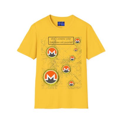 Monero (XMR) don't assume your freedoms are assured Light colors Unisex T-Shirt by cypherpunkgear.com