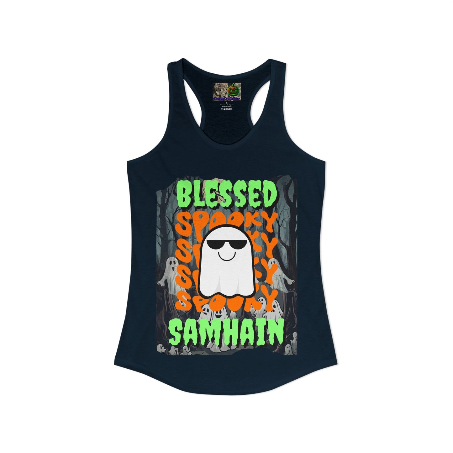 Spooky Blessed Samhain Ghost Green font Women's Racerback Tank Top by CreepyCrafts.boo