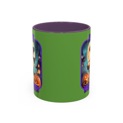 Happy Halloween Little Witch Purple font Green Accent Mug by CreepyCrafts.boo